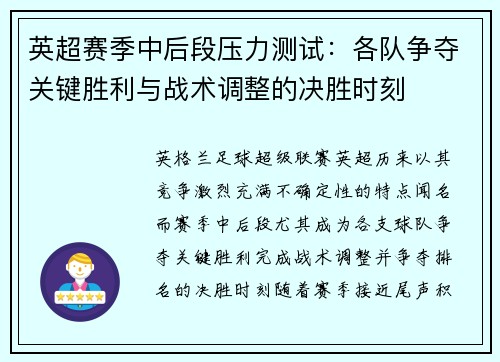 英超赛季中后段压力测试：各队争夺关键胜利与战术调整的决胜时刻